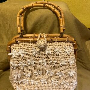 Textured Cream and Brown Hand Bag with Bamboo Handle